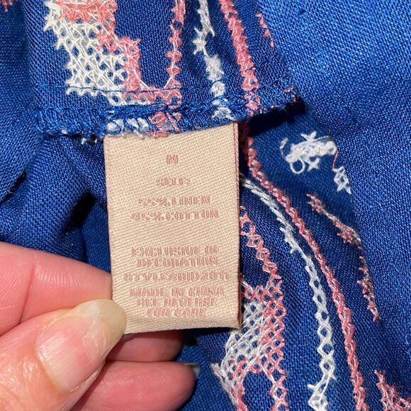 Cupcake and Cashmere Boho Embroidered Cotton Linen Mini Dress Blue Medium - Picture 9 of 11